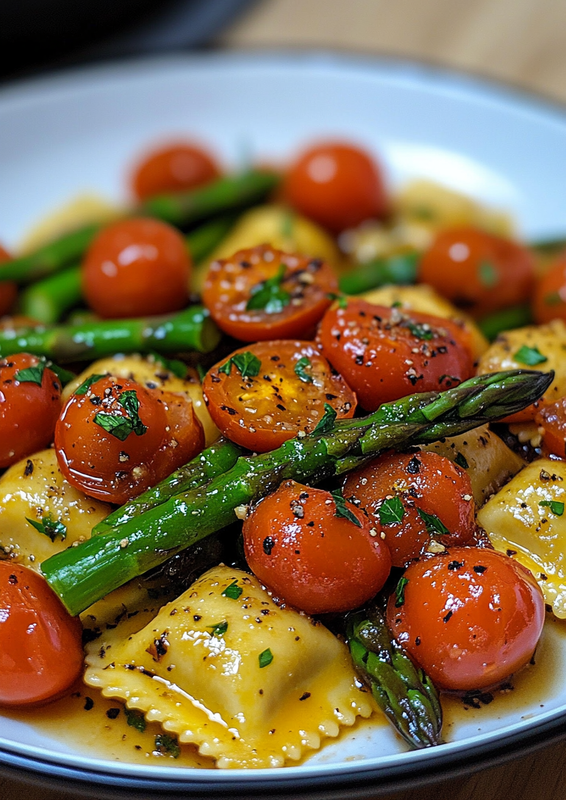 Ravioli with Tomatoes, Asparagus, Garlic, and Herbs